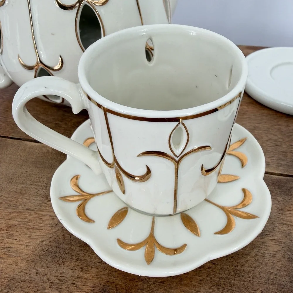 VTG 90s PartyLite Tea For Two Candle Holder Porcelain Teapot 2 Saucers Gold Trim - Picture 7 of 14
